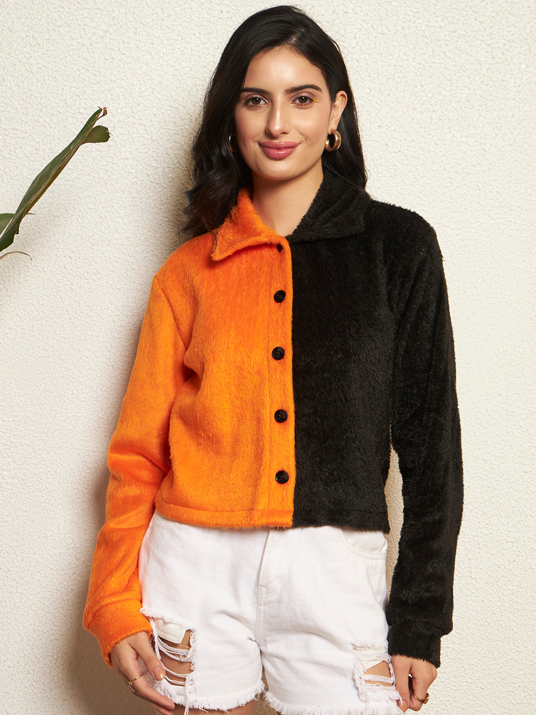 TANDUL Women Striking Orange and Black Fur Jacket