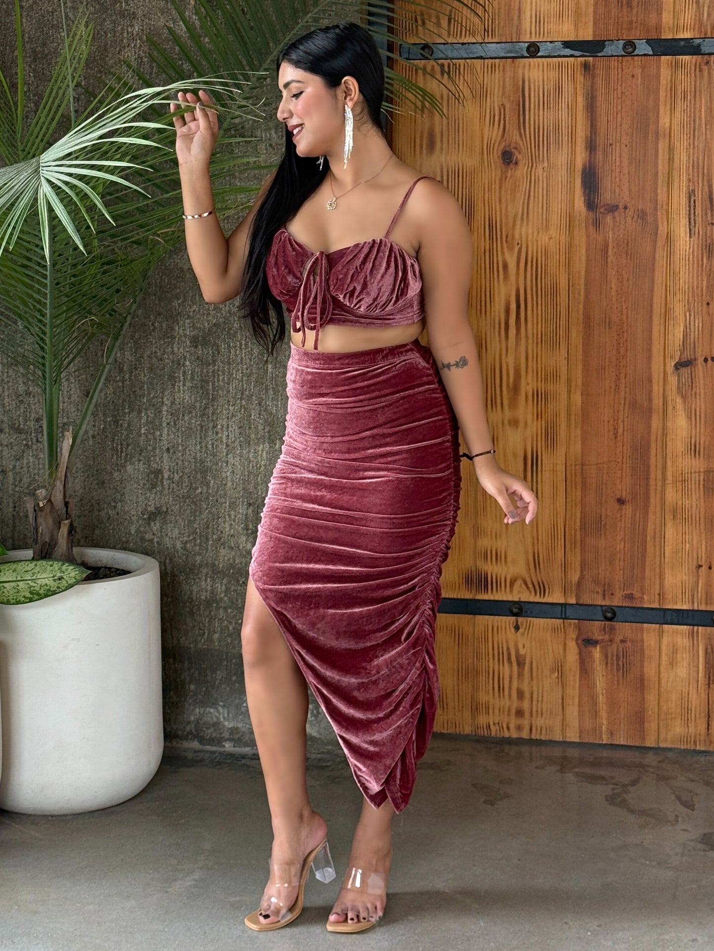 TANDUL Women Stunning Burgundy Velvet Co-ord Set