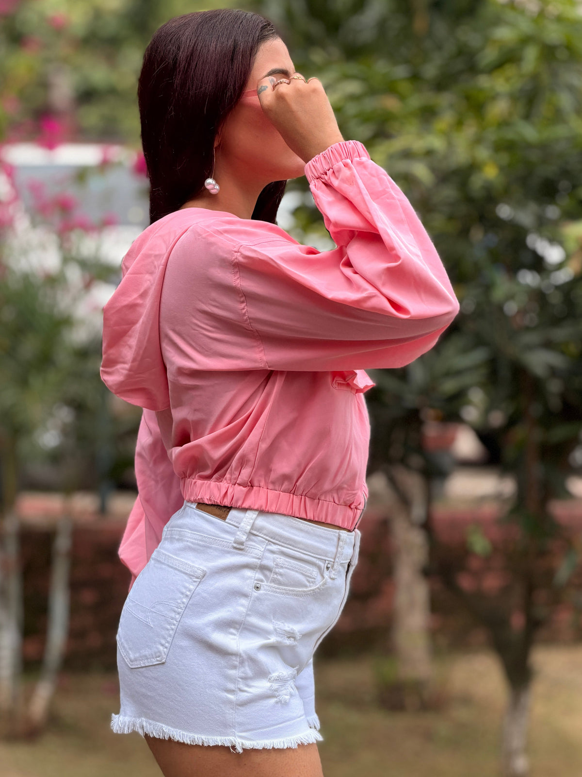 TANDUL Women’s Pink Summer Utility Jacket with Hood and Cargo Pockets