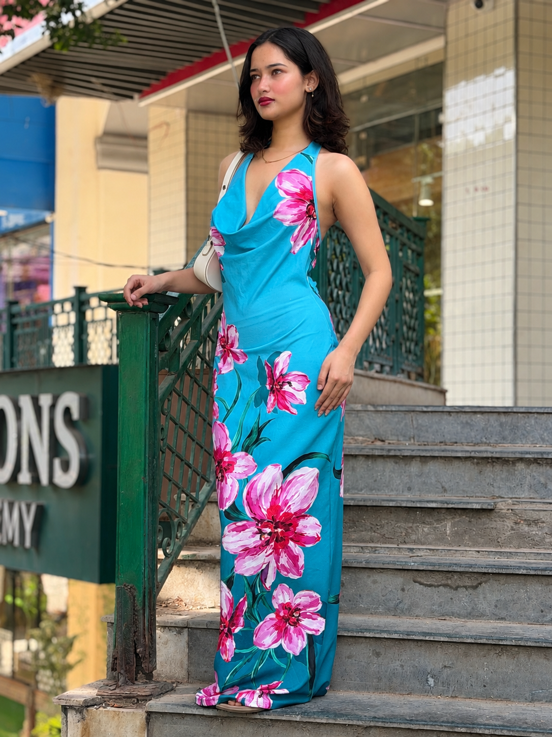TANDUL Women Tropics Hibiscus Cowl Neck Maxi Dress