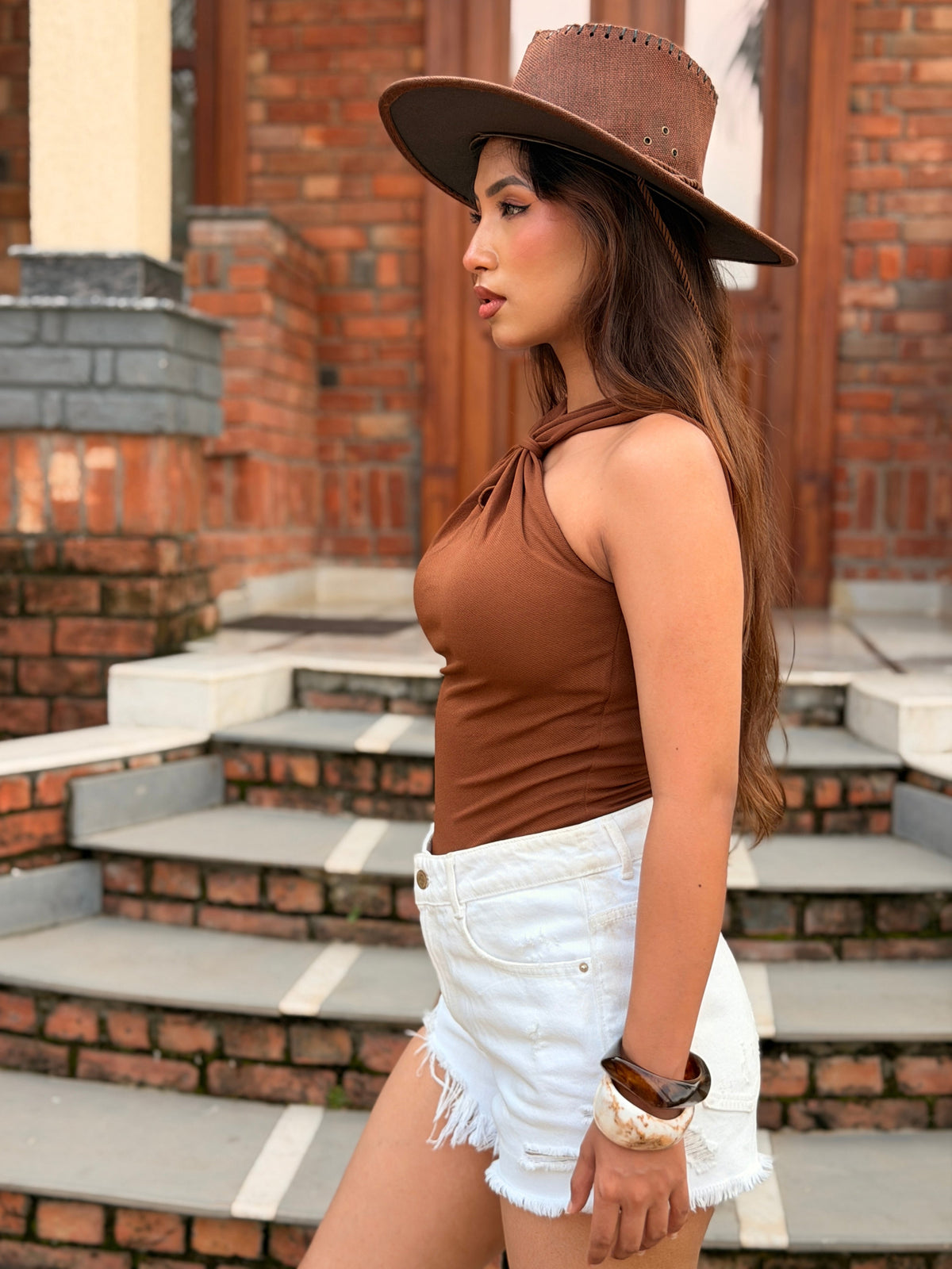 TANDUL Women Stunning Brown Stylish Neck Top