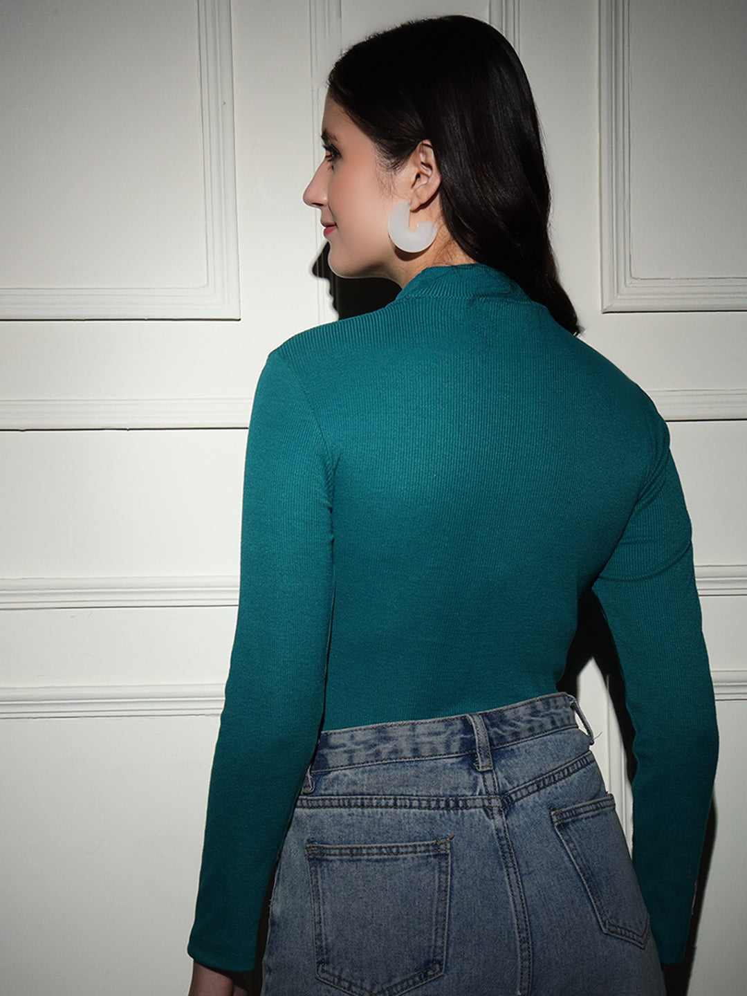TANDUL  Women Solid High Neck Dark Green Sweater