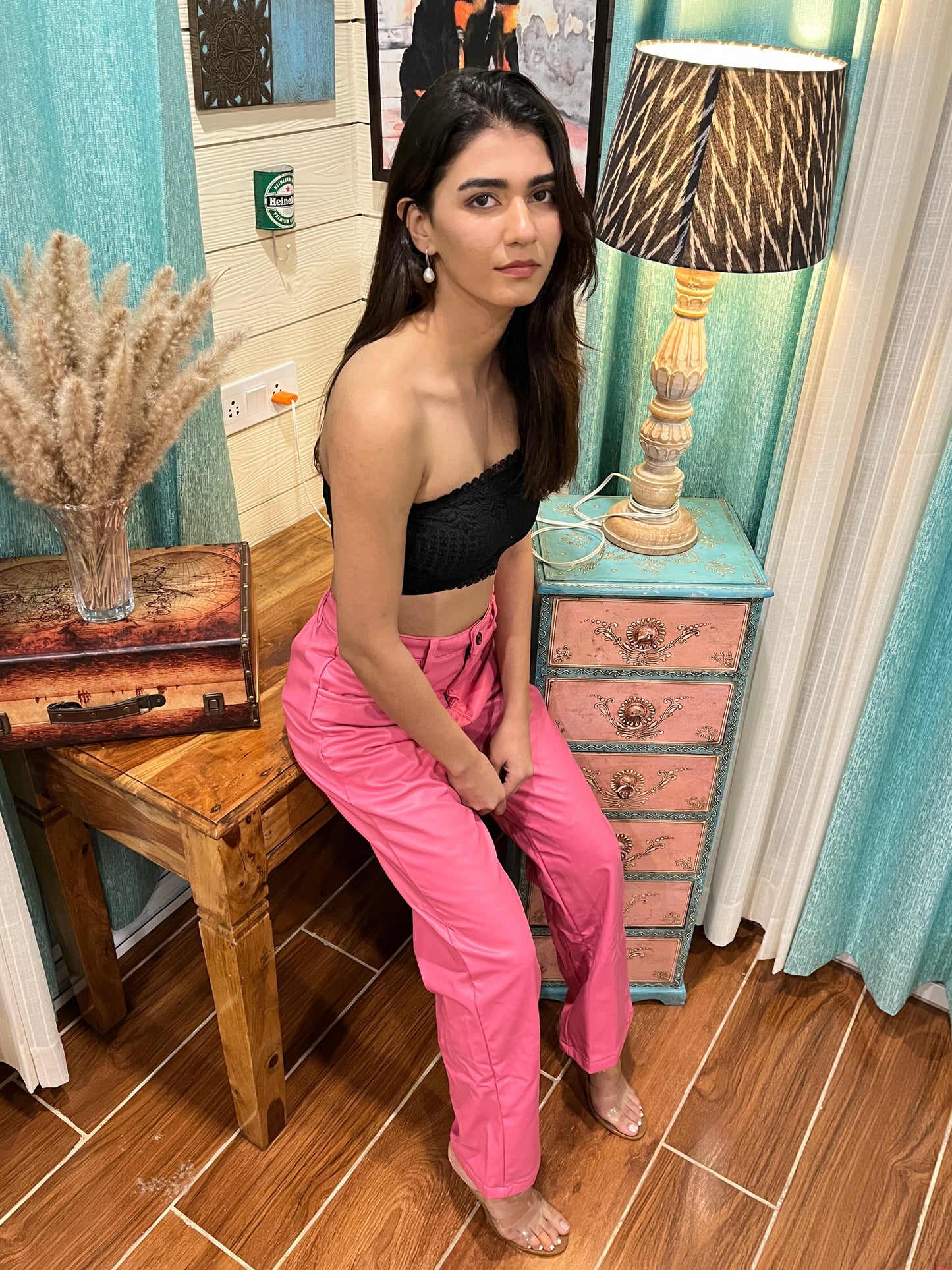 TANDUL Women Chic Leather Pink Trouser