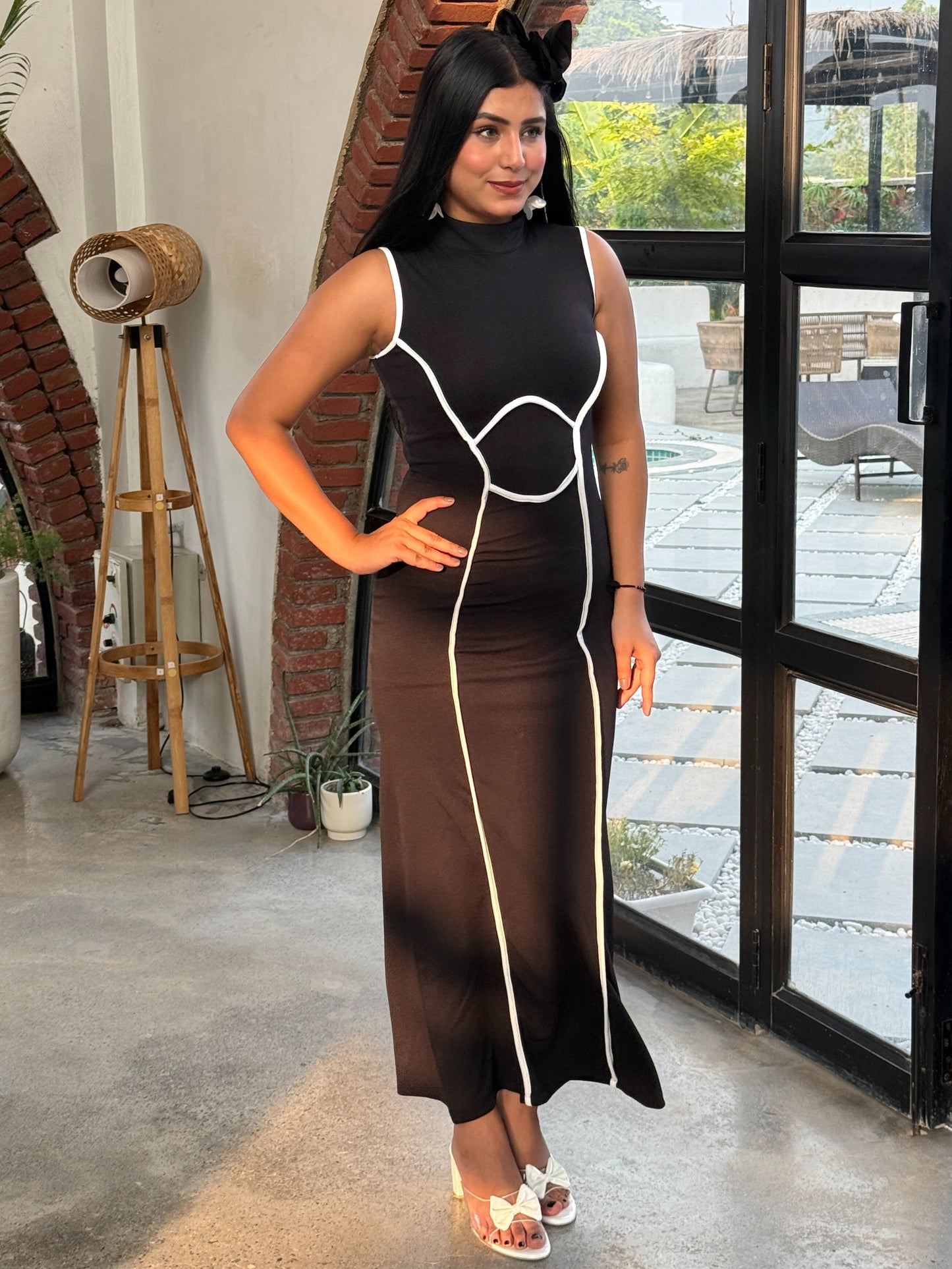 TANDUL Women Stunning Black Dress with White Detailing