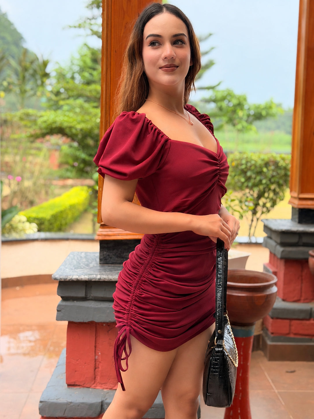 TANDUL Women's Burgundy Ruched Puff Sleeve Mini Dress