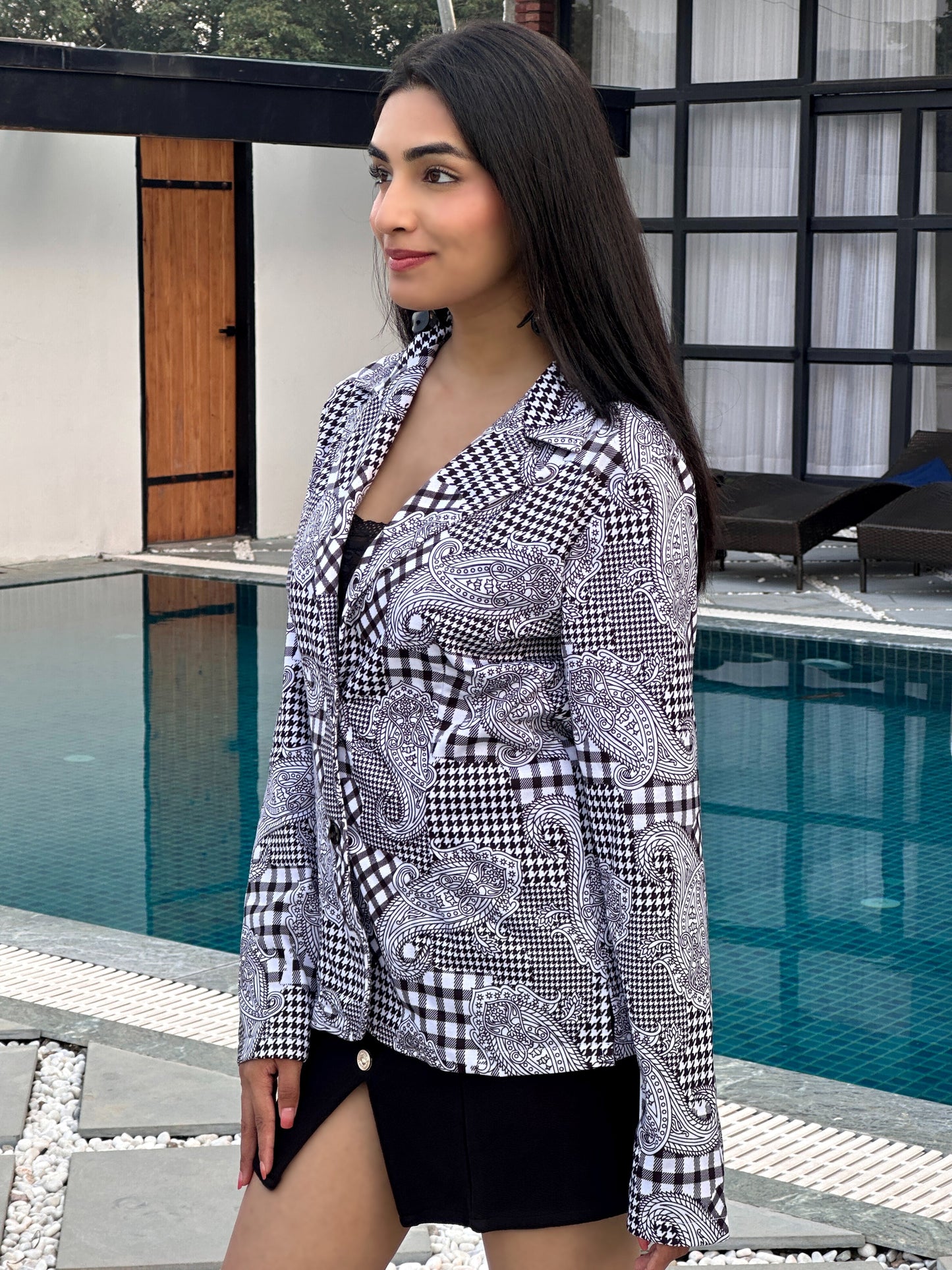 TANDUL Women Black and White Paisley Patterned Blazer