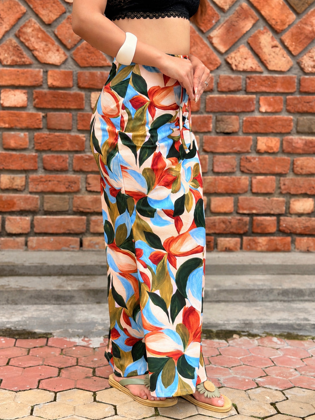 TANDUL Women Multi-Color Tropical Leaf Printed Maxi Skirt