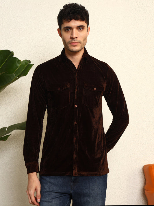 TANDUL Men's Brown Velvet Shirt