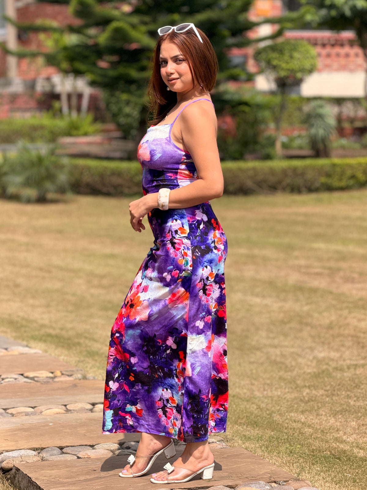 TANDUL Women Stunning Floral Backless Velvet Printed Dress