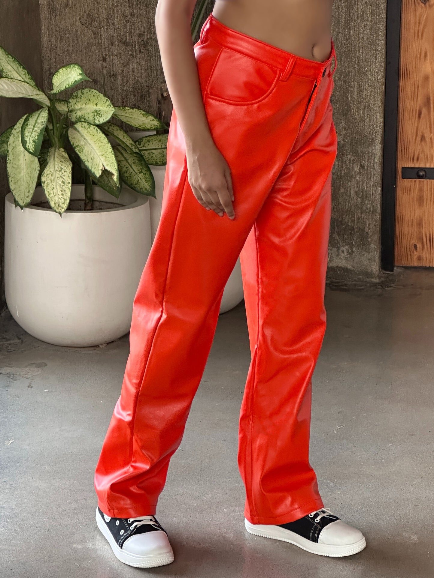 TANDUL Women Regular Fit Orange Faux Leather Trousers