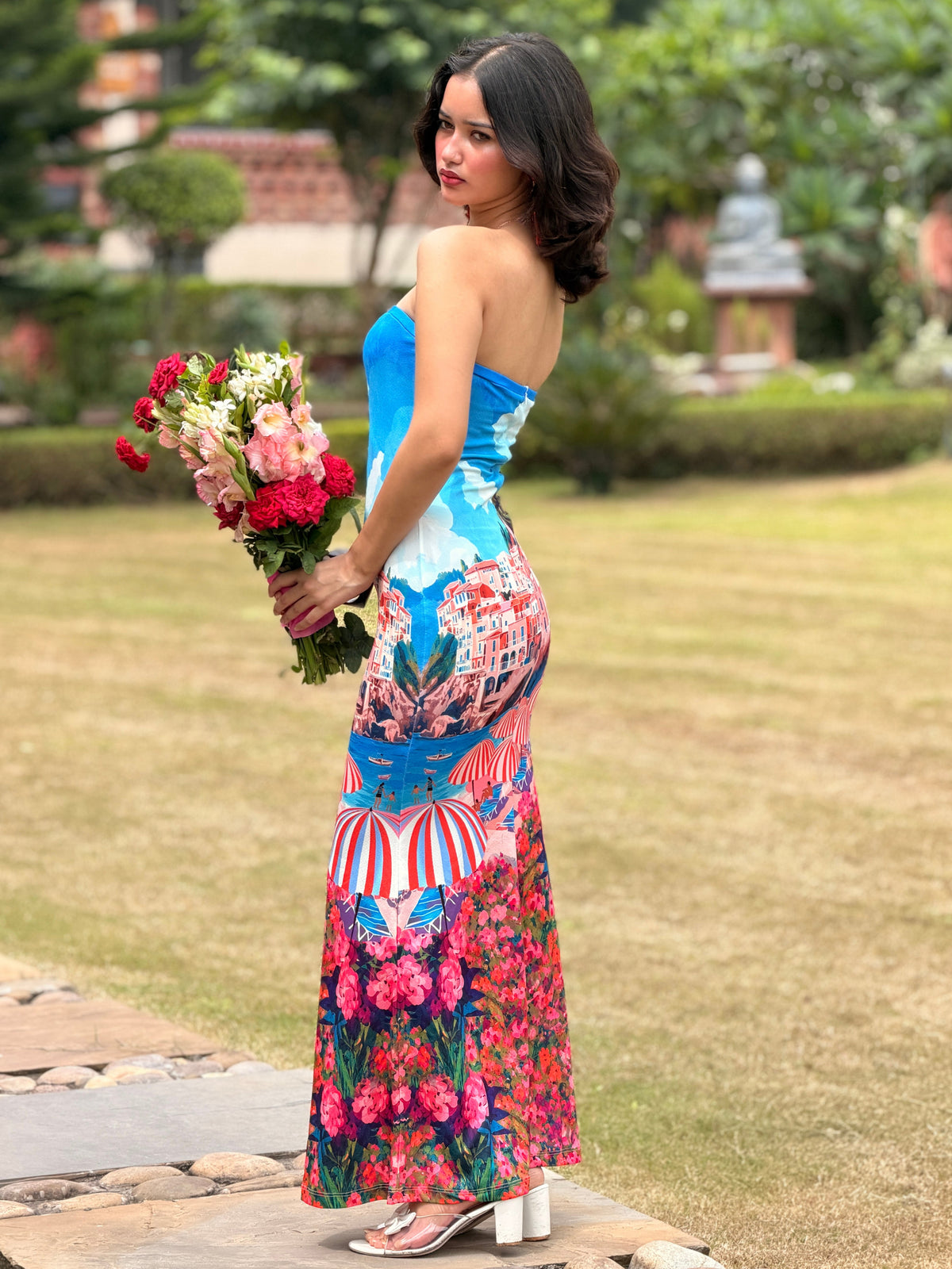 TANDUL Women Amalfi Coast Landscape Strapless Maxi Dress