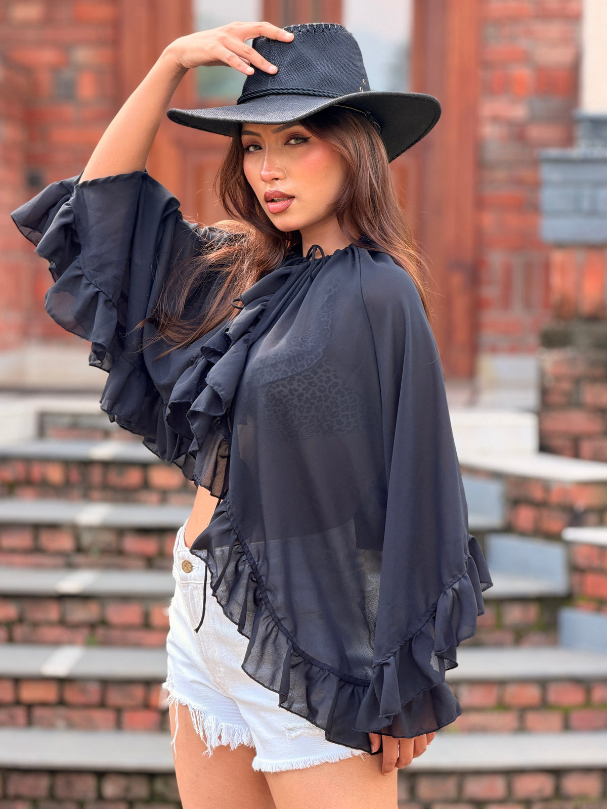 TANDUL Women Black Sheer Georgette Shrug with Ruffle Trim