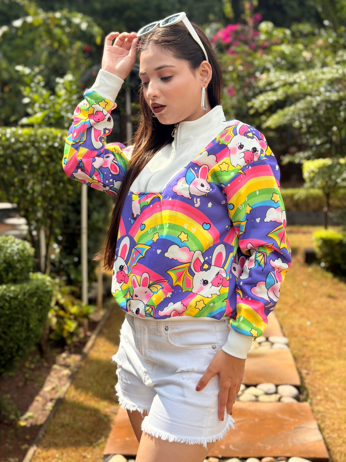 TANDUL Women’s Colorful Rainbow & Bat-Bunny Printed Cropped Sweatshirt