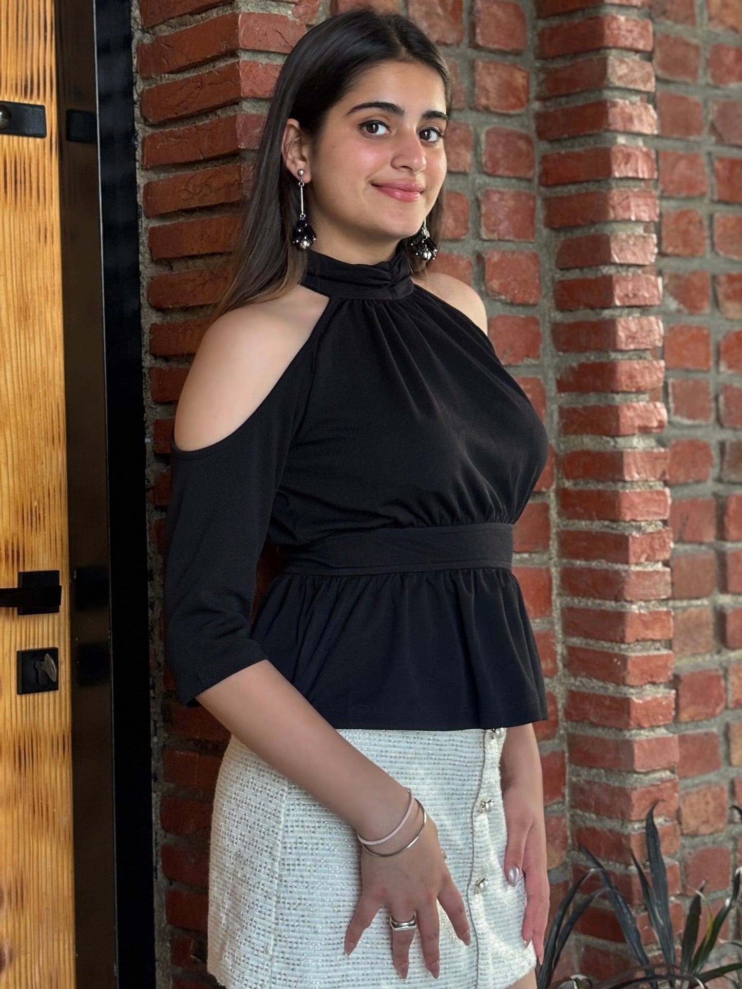 TANDUL Women Black Cold Shoulder Top