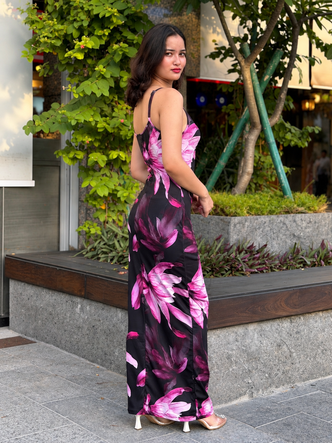 TANDUL Women Magenta Orchid Print Bodycon Maxi Dress