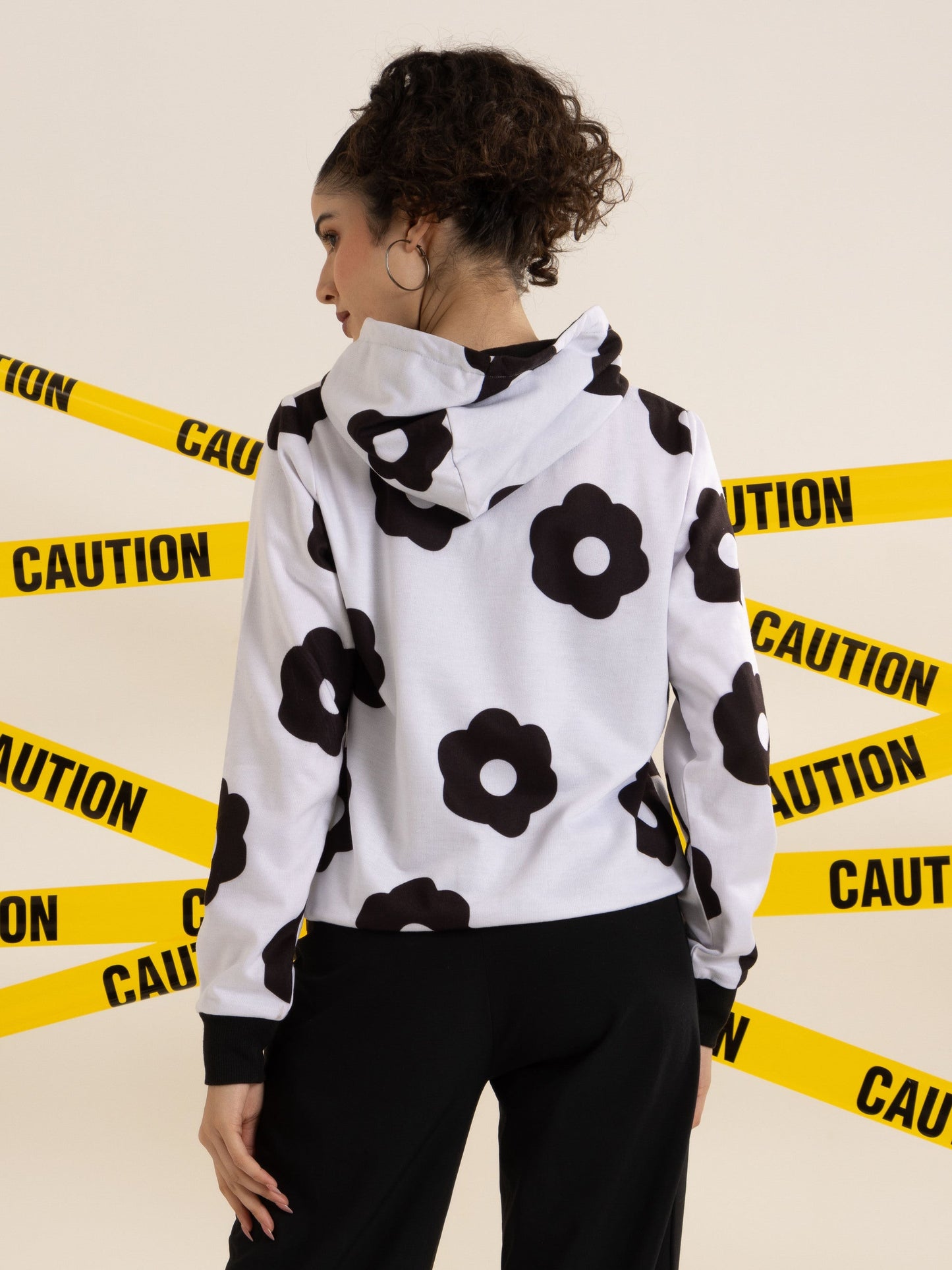 TANDUL Women Black and White Floral Hoodie