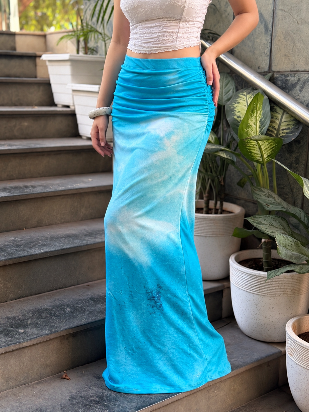 TANDUL Women Ocean Blue Tie-Dye Bodycon Maxi Skirt