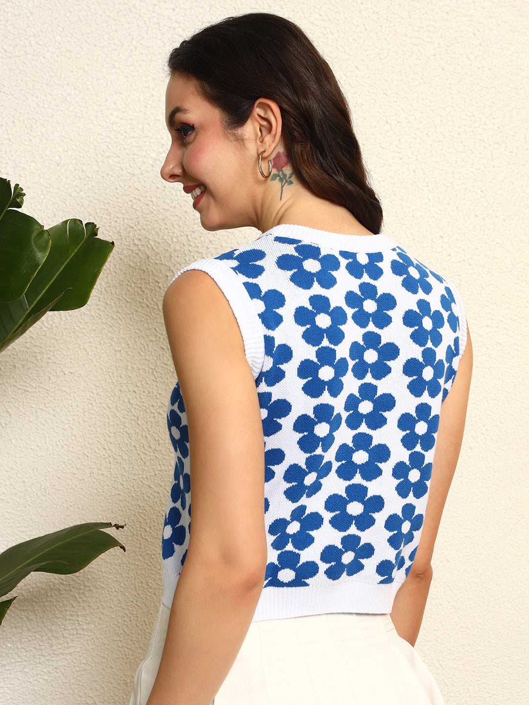 TANDUL Women Blue Floral Sleeveless Sweater