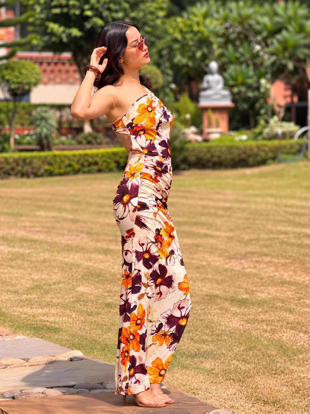 TANDUL Women Retro Floral Asymmetric One-Shoulder Maxi Dress