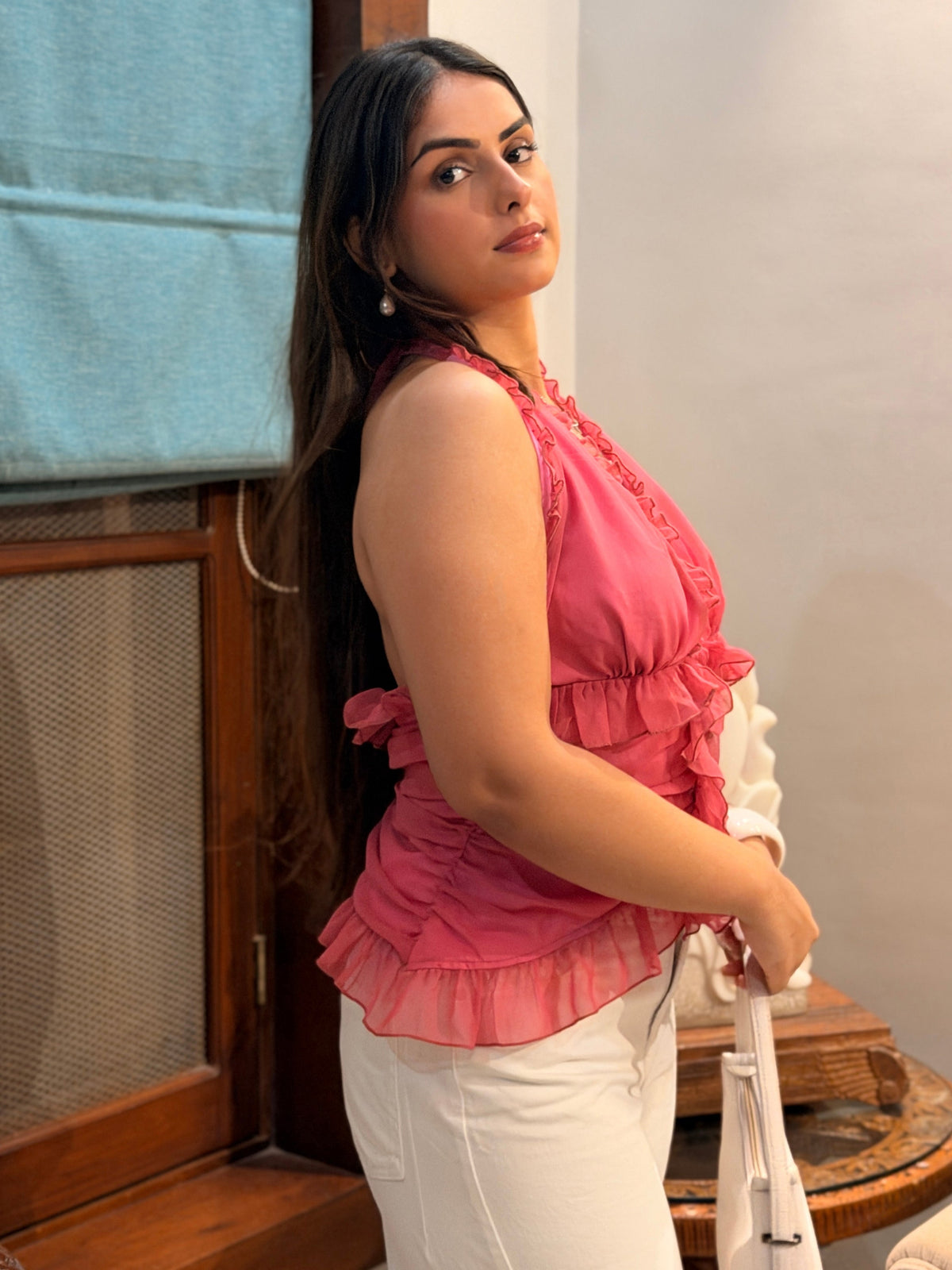 TANDUL Women Rose Pink Ruffled Halter Neck Top