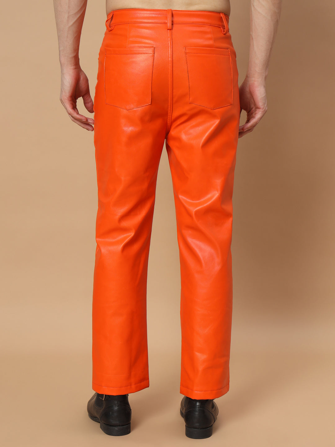 TANDUL  Men Regular Fit Orange Faux Leather Trousers