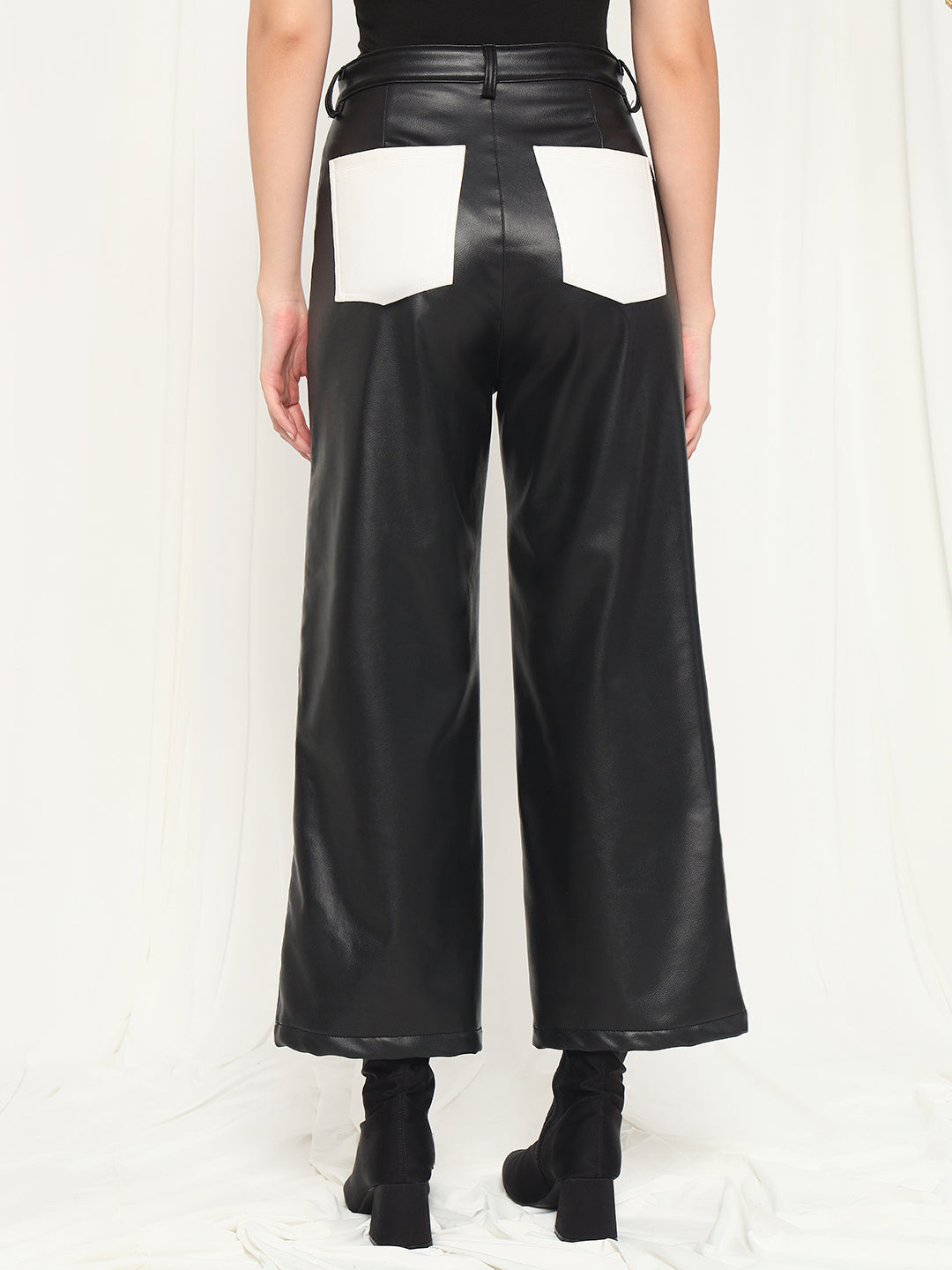 TANDUL  Women Regular Fit Black Faux Leather Trousers