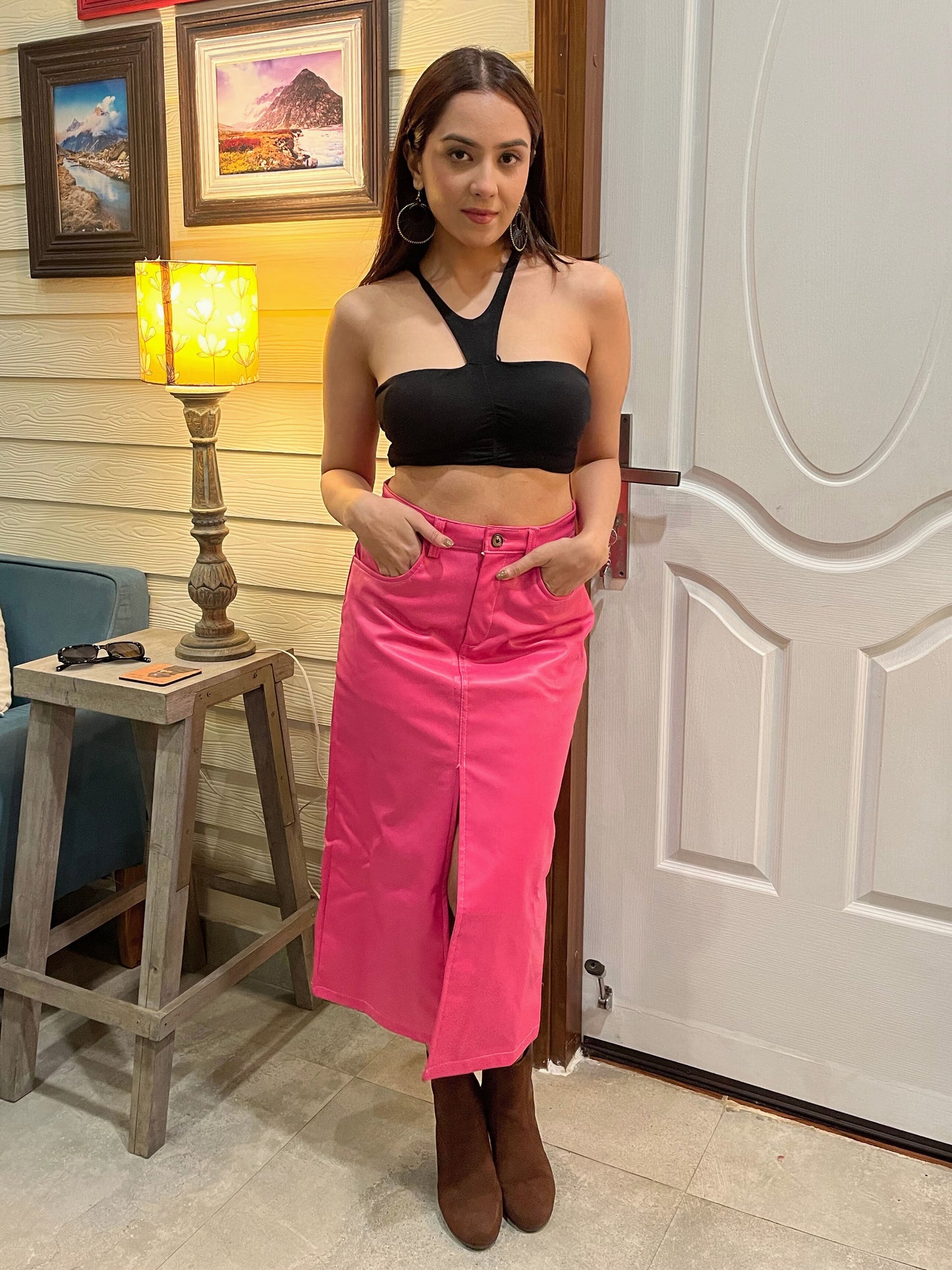 TANDUL Women Stunning Pink Leather Skirt
