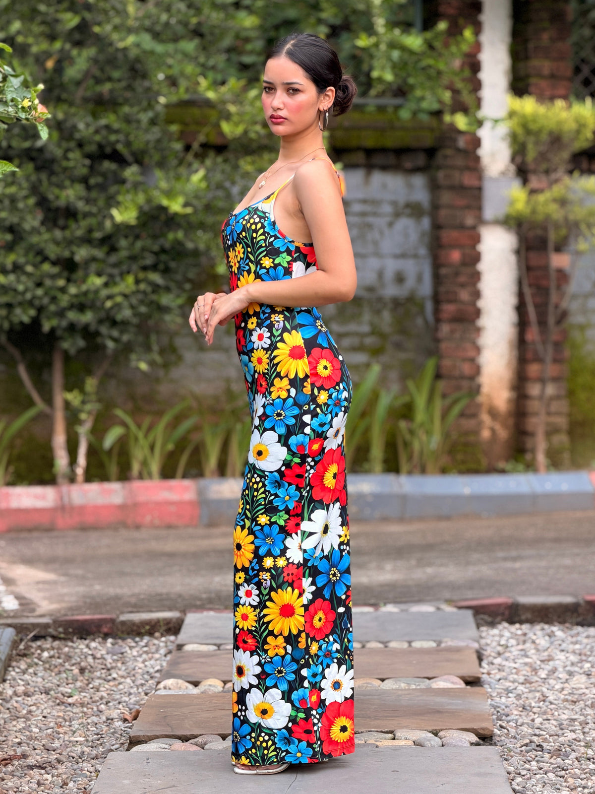 TANDUL Women Retro Multicolor Daisy Print Maxi Dress