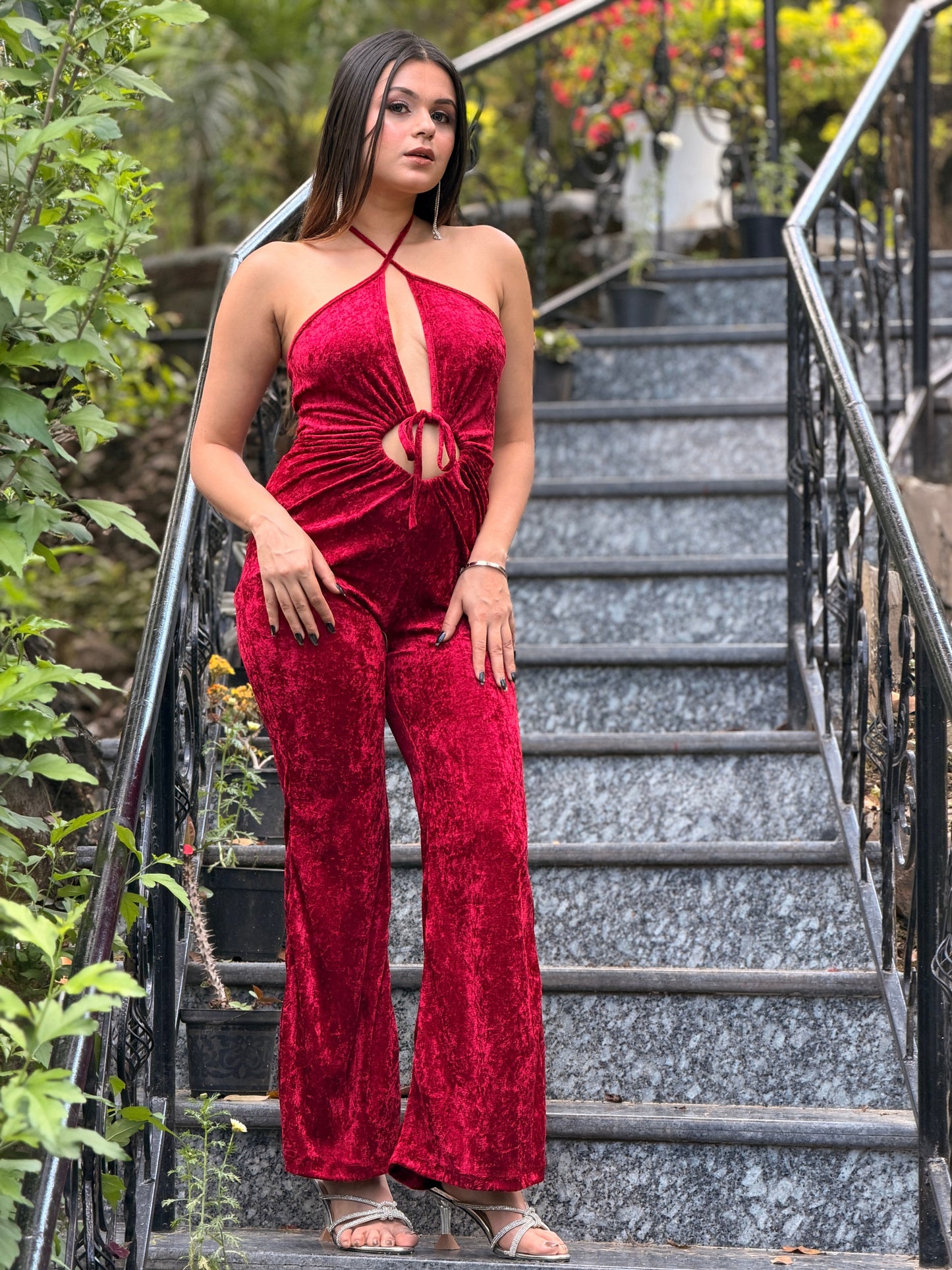 TANDUL Women Elegant Maroon Velvet Jumpsuit