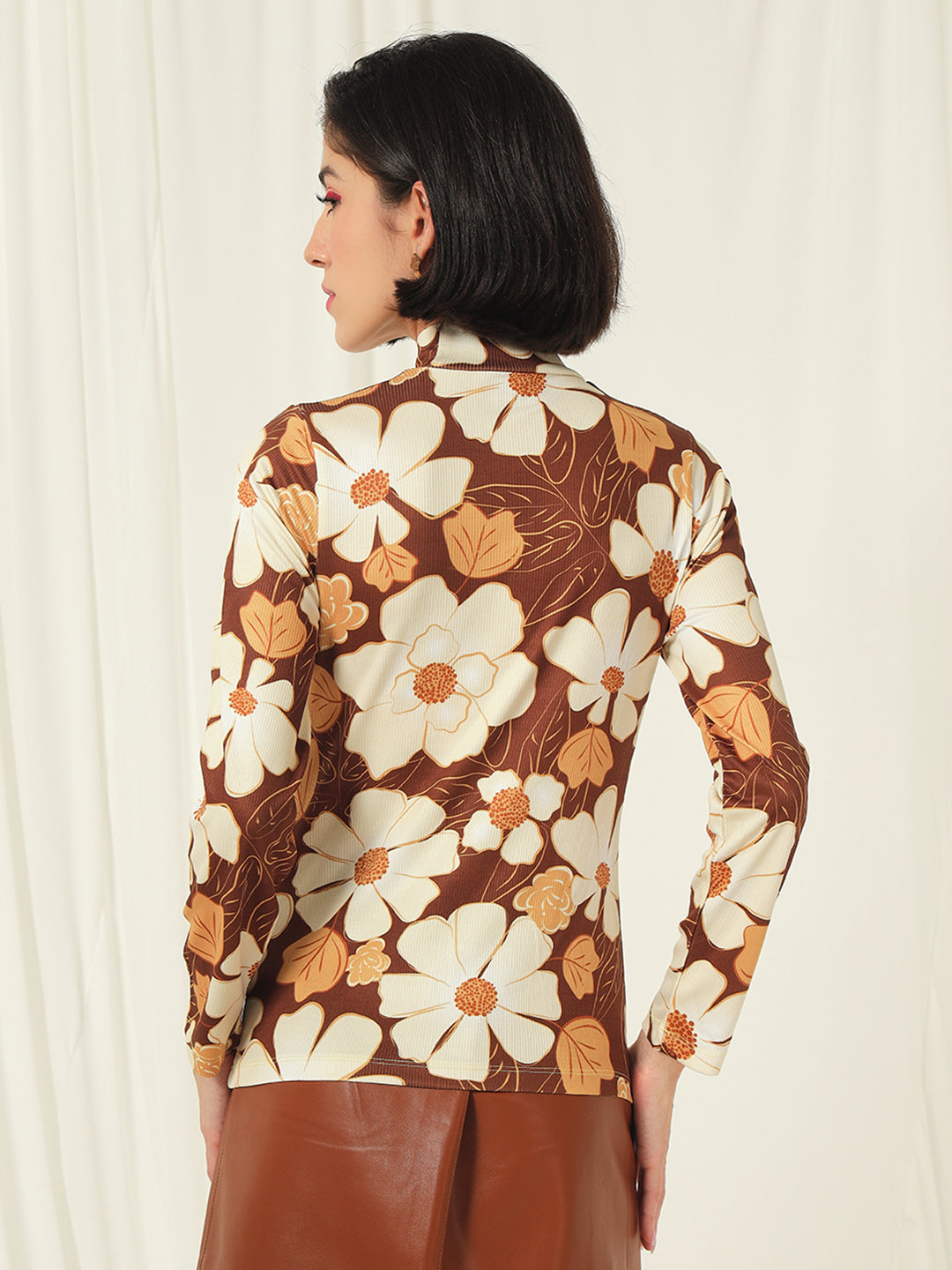 TANDUL  Women Floral Print High Neck Brown Sweater