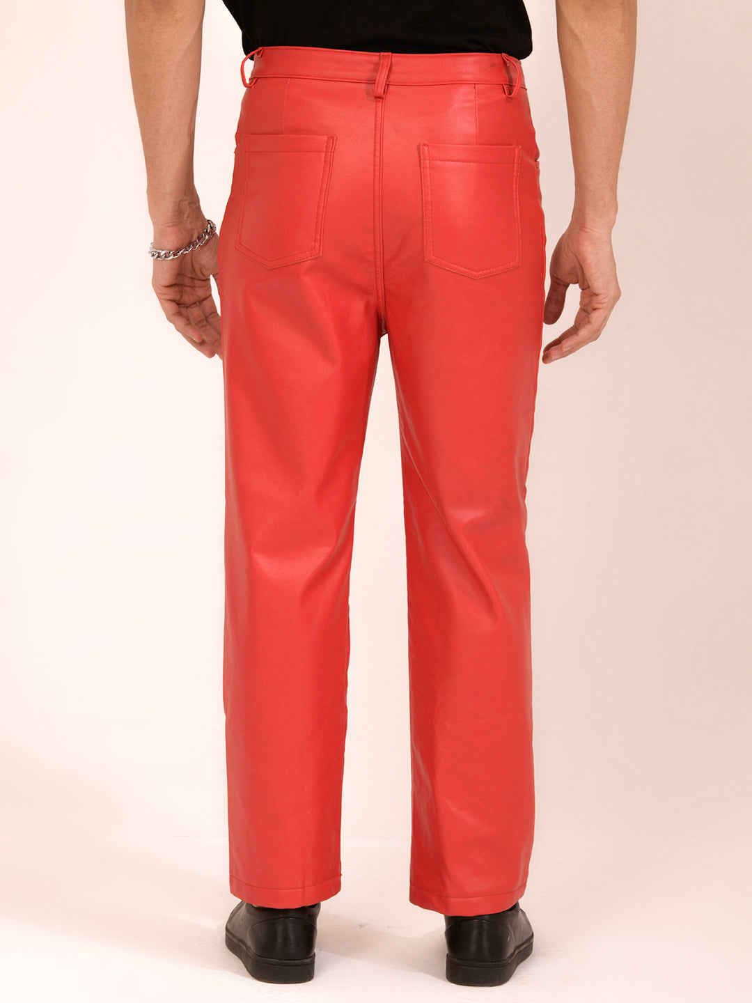 TANDUL  Men Regular Fit Red Faux Leather Trousers