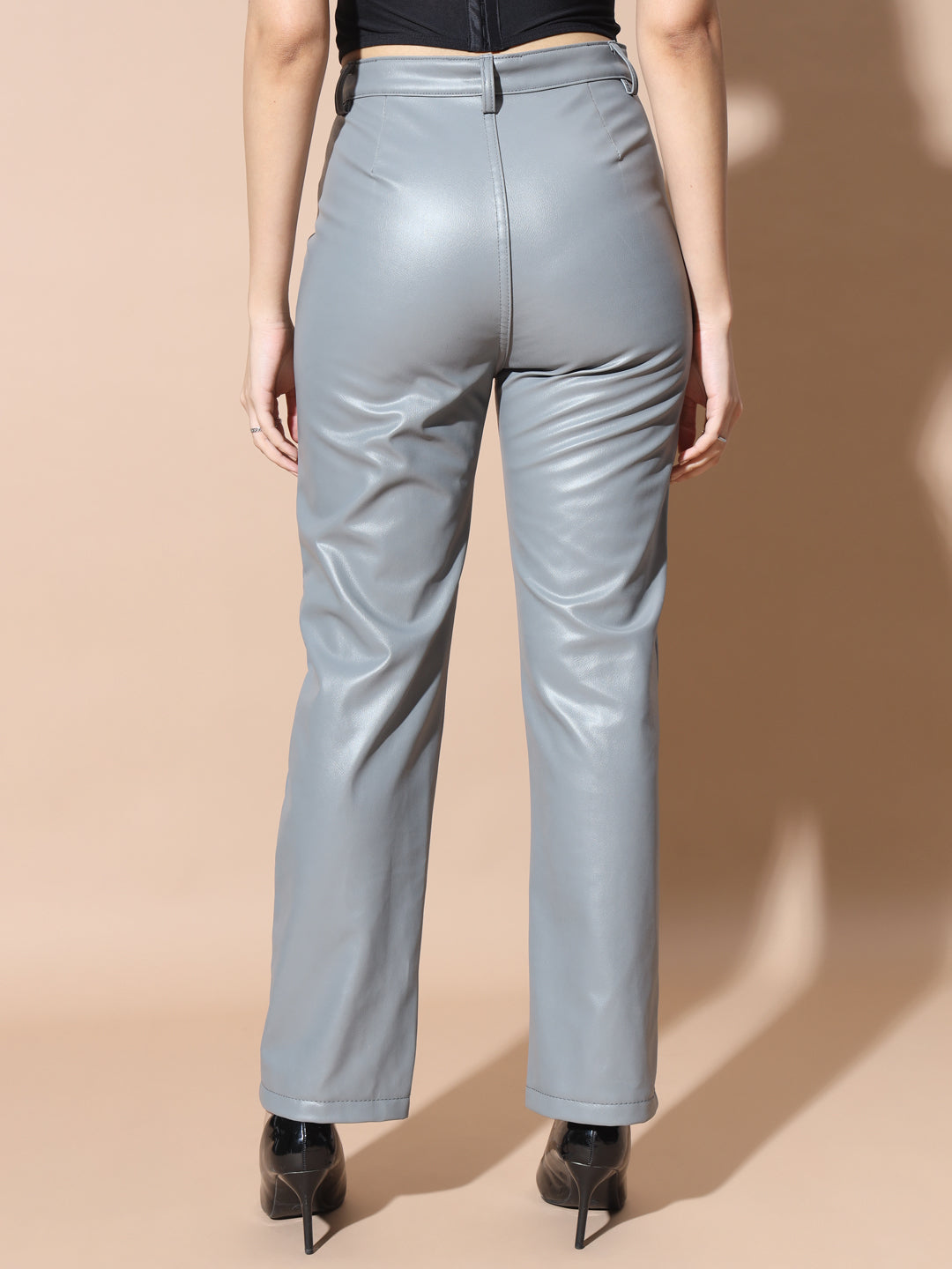 TANDUL Women Regular Fit Grey Faux Leather Trousers