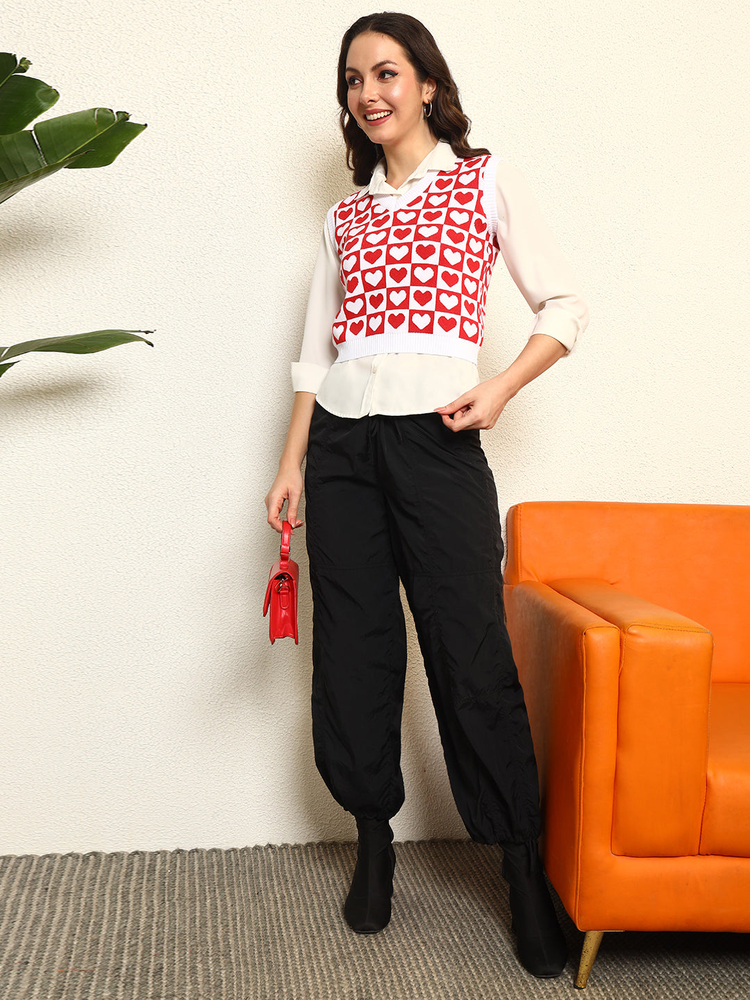 TANDUL Women Charming Red and White Heart Patterned Sweater