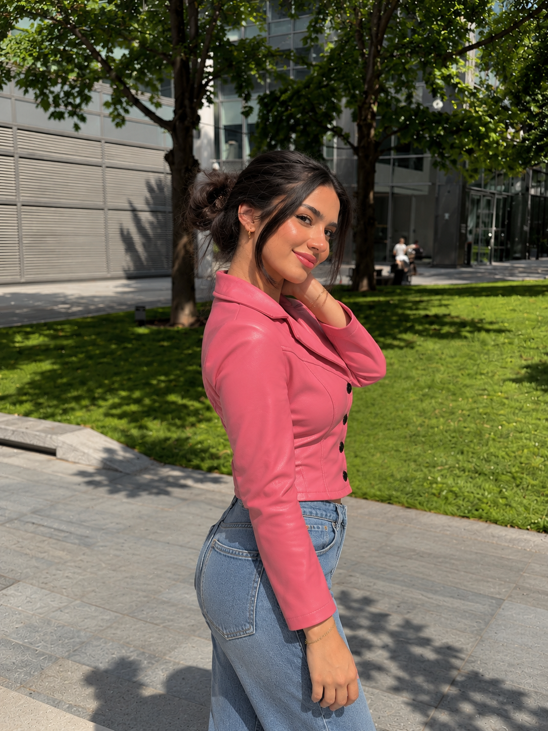 TANDUL Women Pink Faux Leather Corset-Hem Jacket