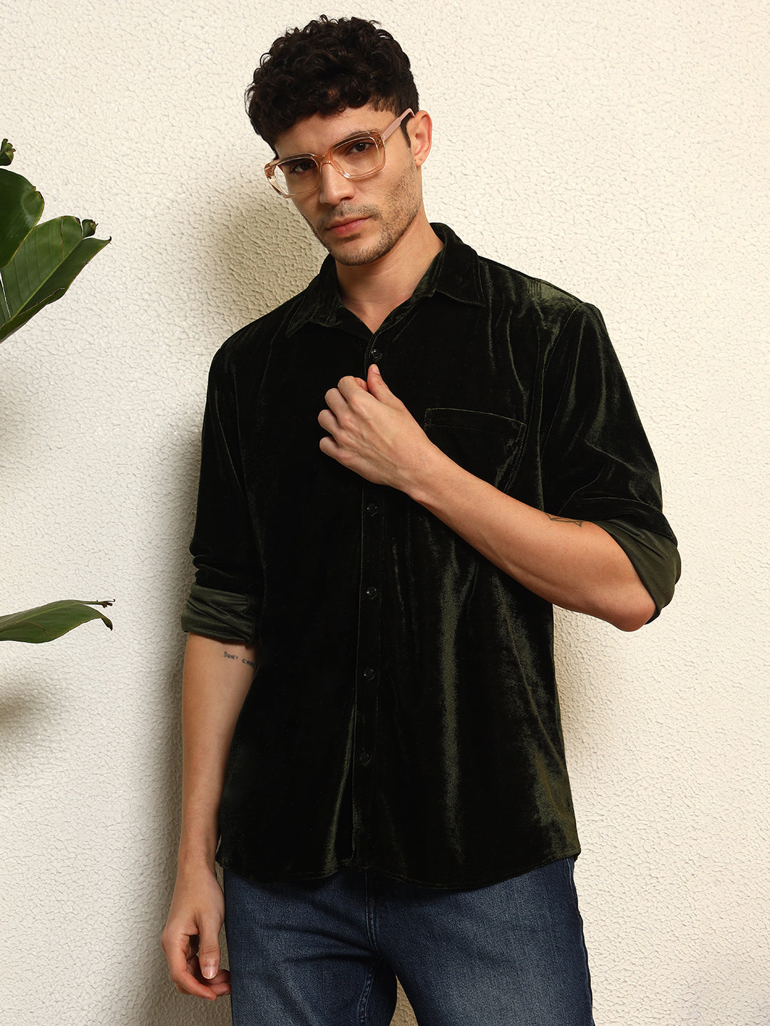 TANDUL Mens's Alluring Green Velvet Shirt