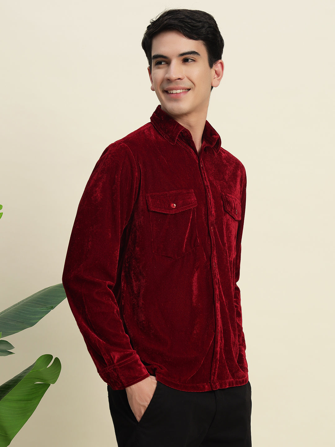 TANDUL Men's Maroon Velvet Shirt