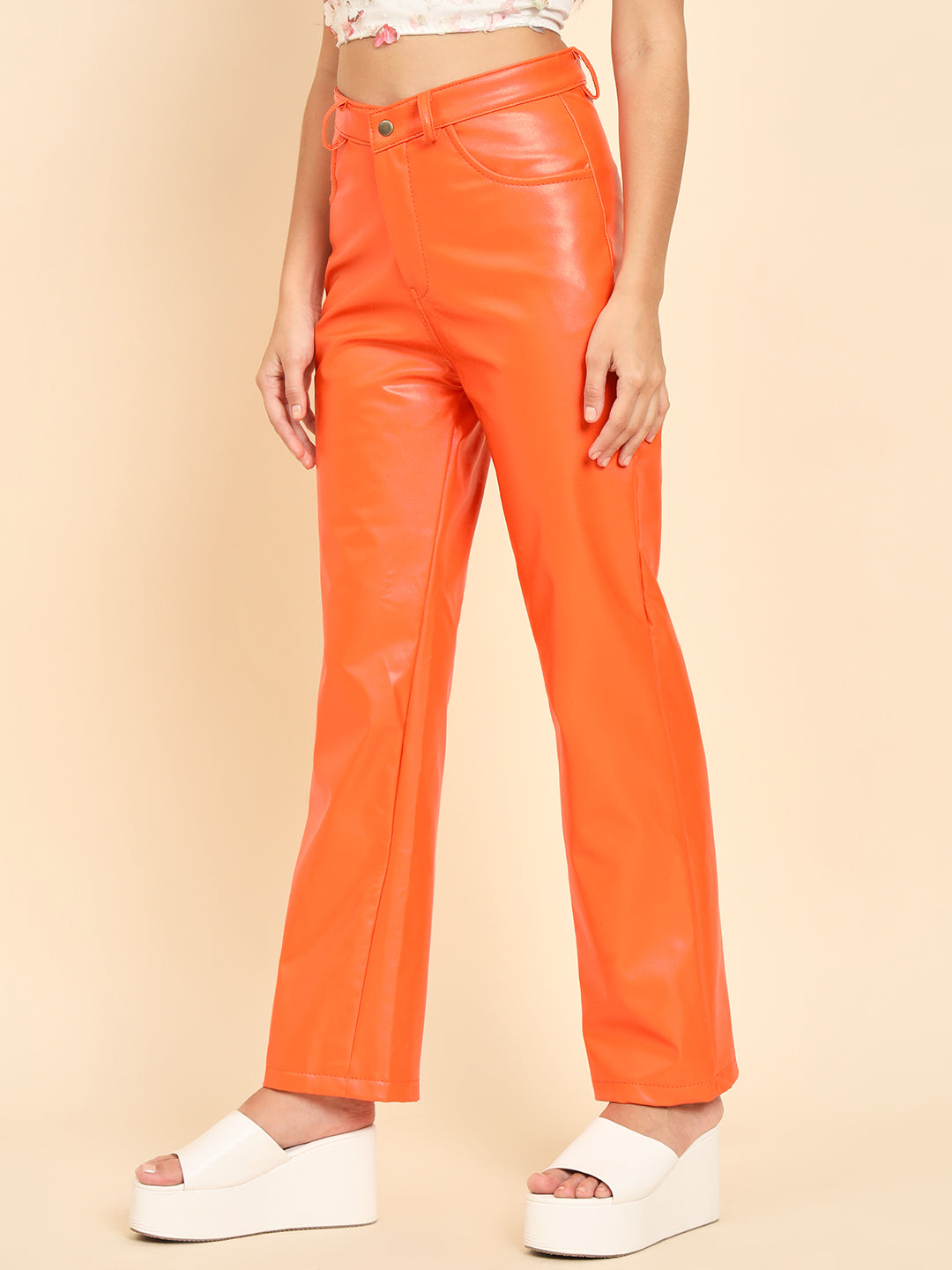 TANDUL Women Regular Fit Orange Faux Leather Trousers