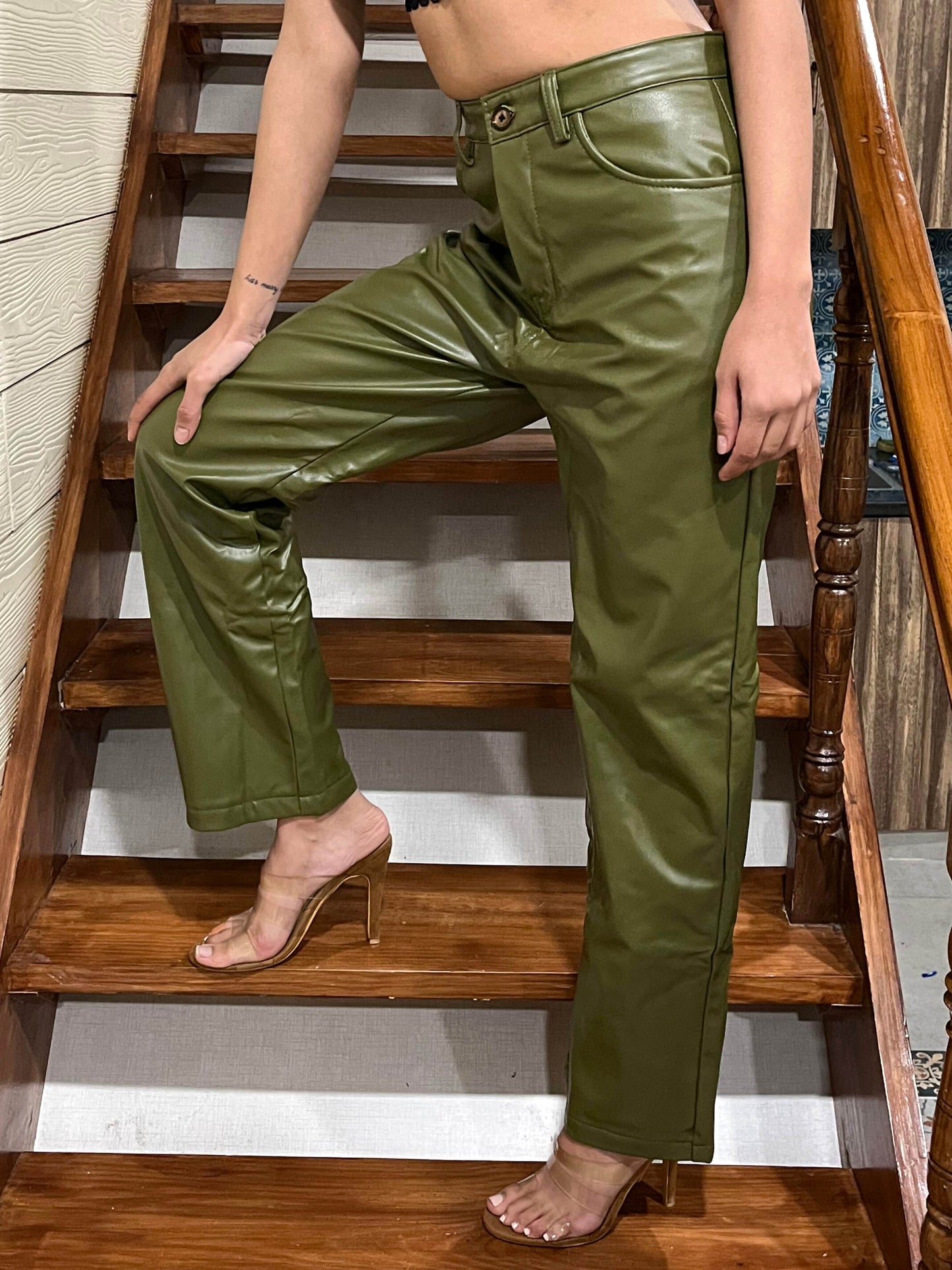 TANDUL Women Regular Fit Olive Green Leather Trousers