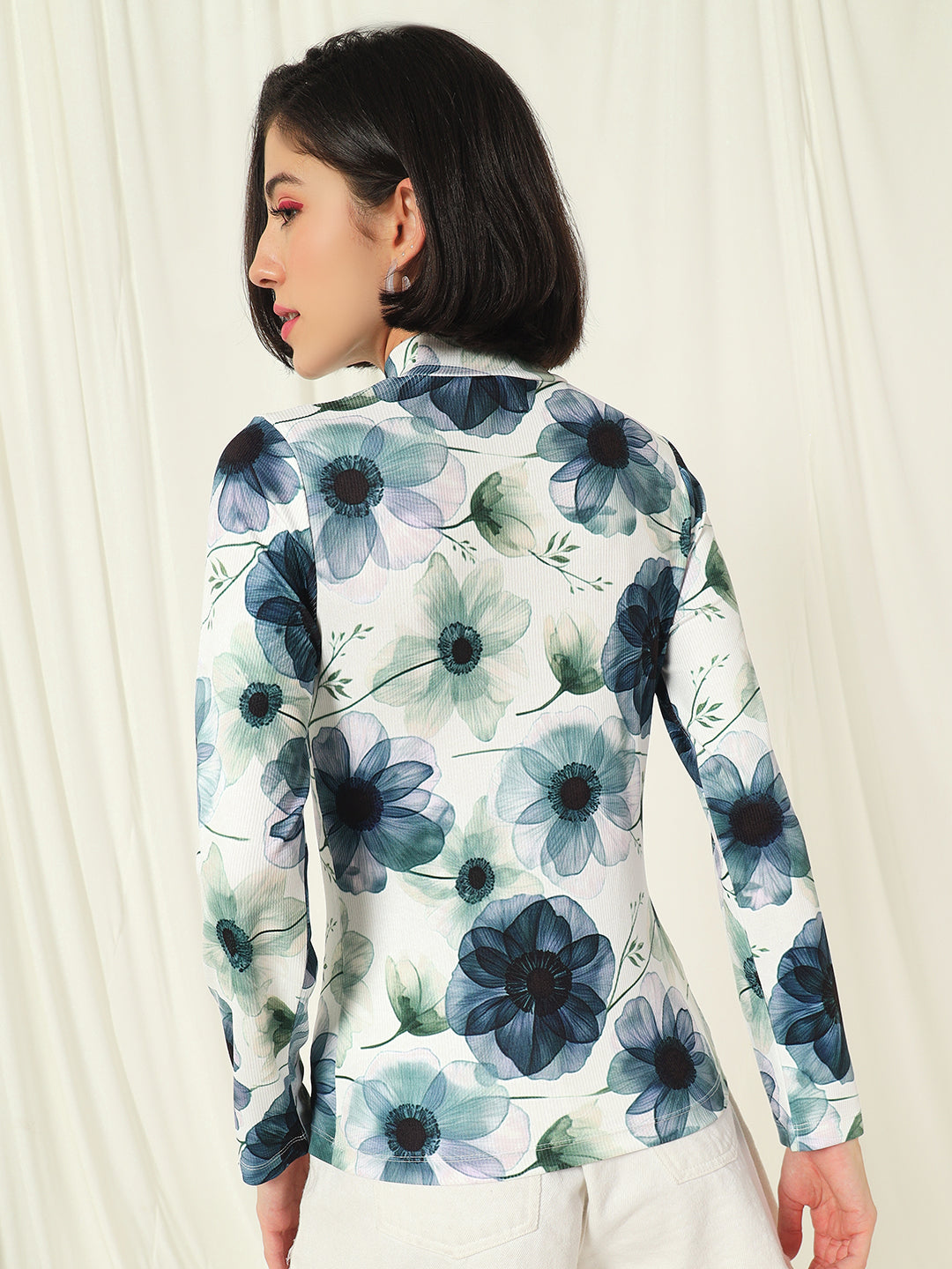 TANDUL  Women Floral Print High Neck White Sweater