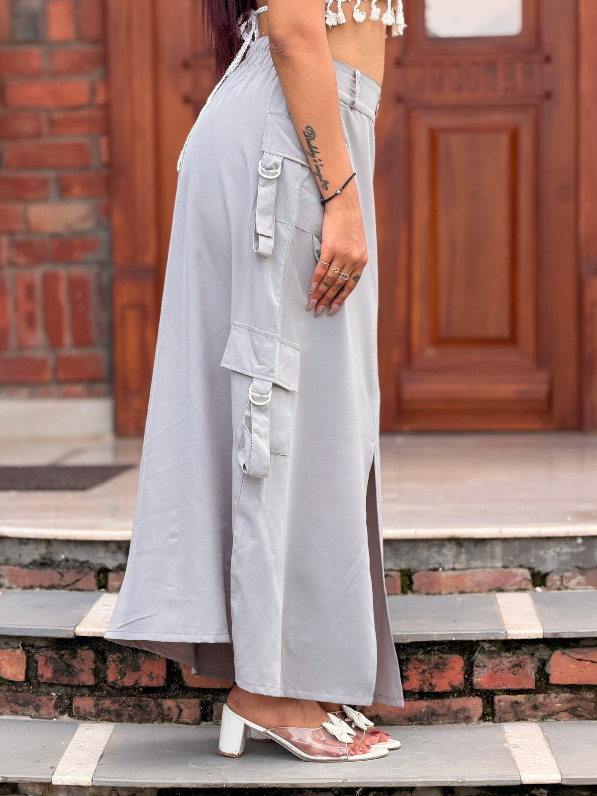 TANDUL Women High-Waisted Utility Cargo Maxi Skirt