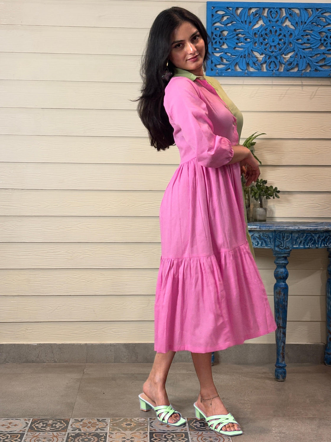 TANDUL Women Pink and Green Flared Dress