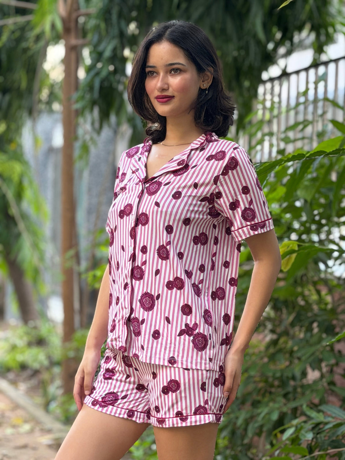 TANDUL Women Pink Striped Button-Down Summer Nightsuit