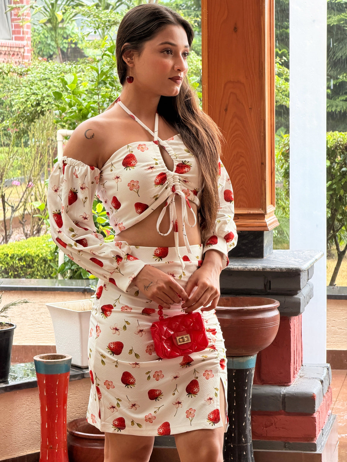 TANDUL Women Cute Strawberry Off-Shoulder Co-Ord Set