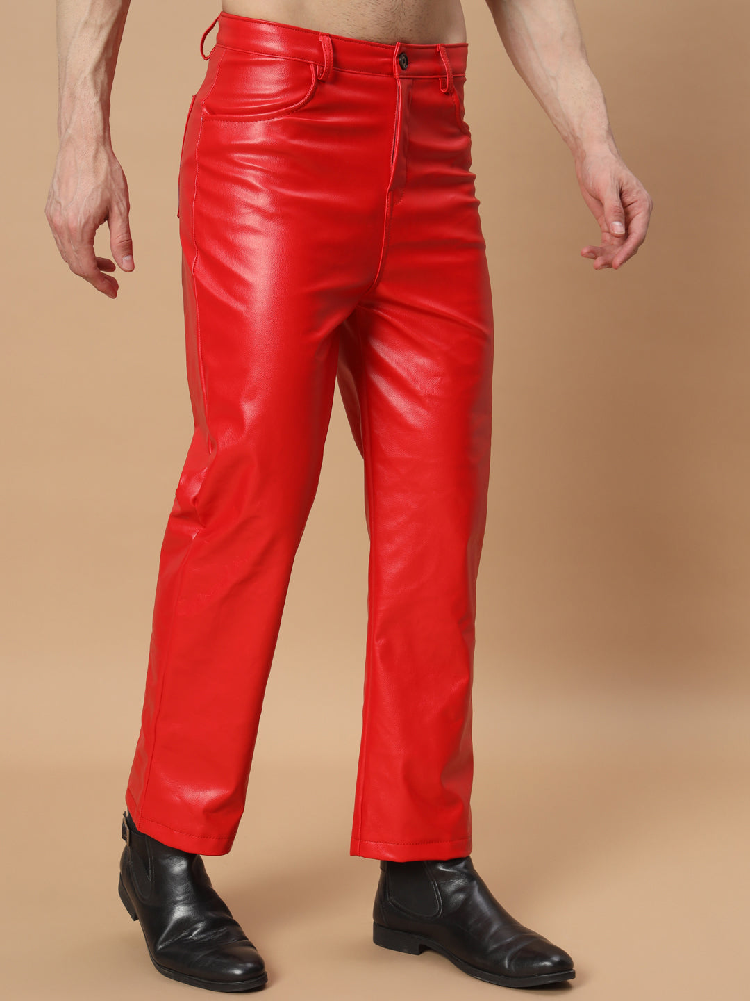 TANDUL  Men Regular Fit Red Faux Leather Trousers