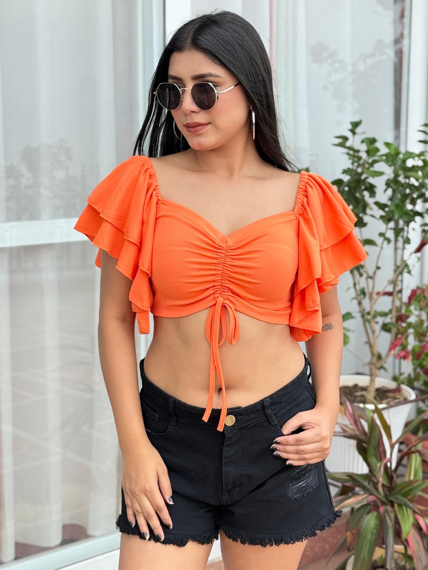 TANDUL Women Orange Top with Ruffled Sleeves