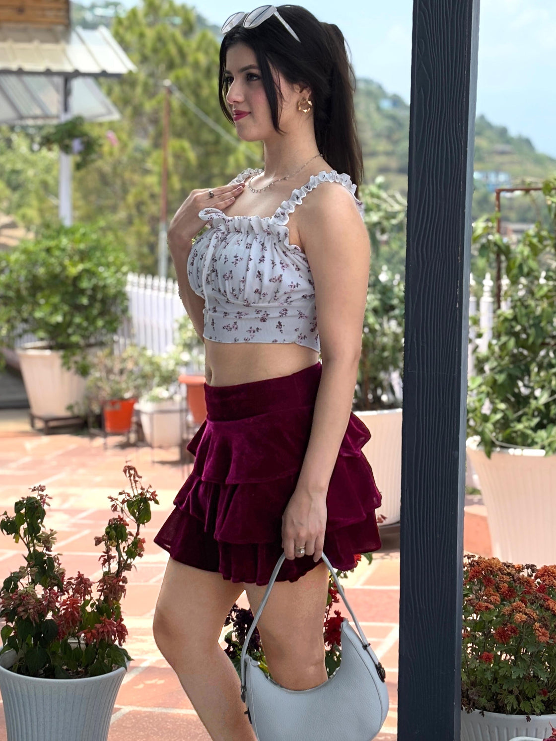 TANDUL Women Wine Color Velvet Skirt