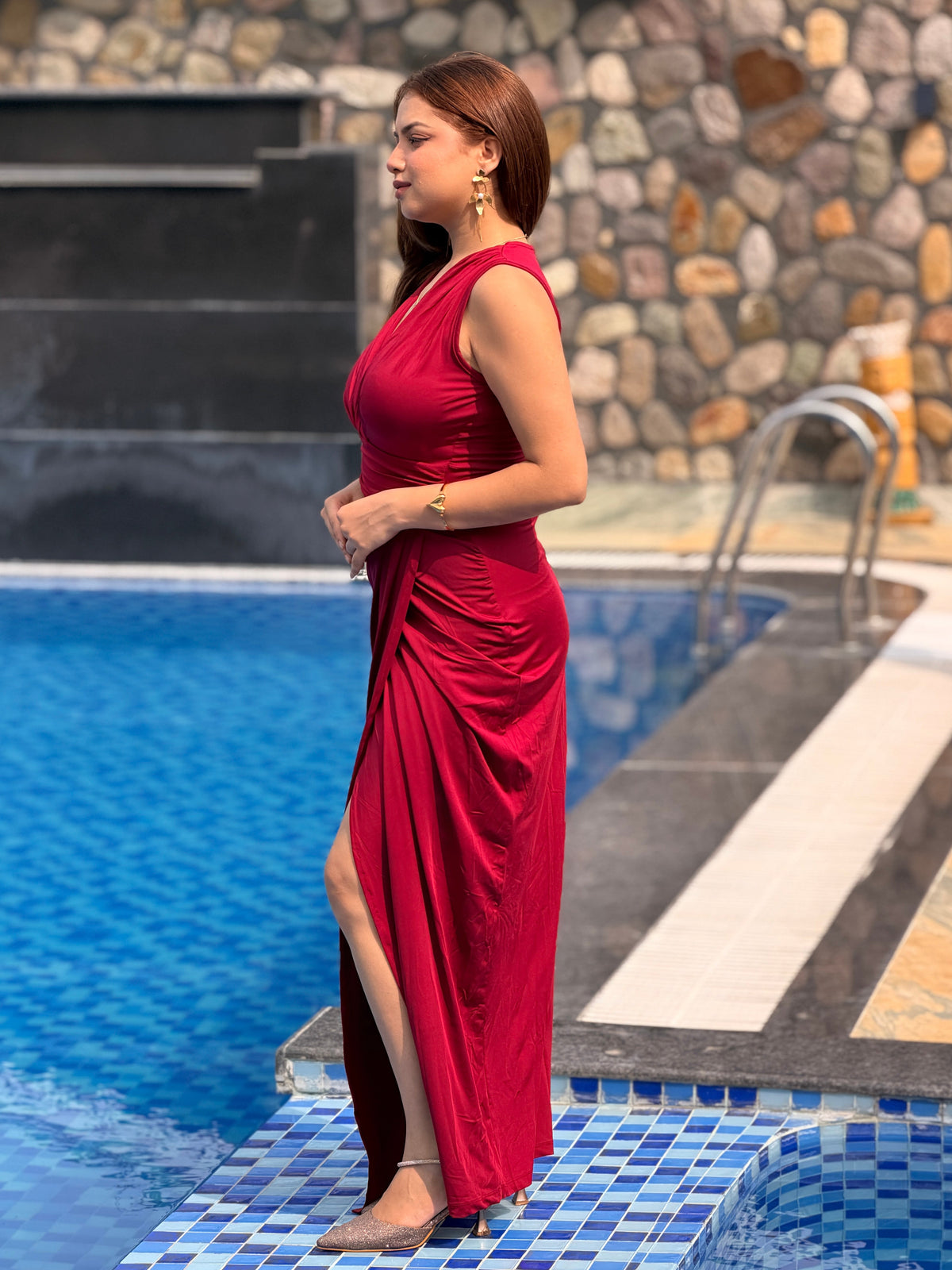 TANDUL Women Wine Red Plunging V-Neck Tulip Maxi Dress