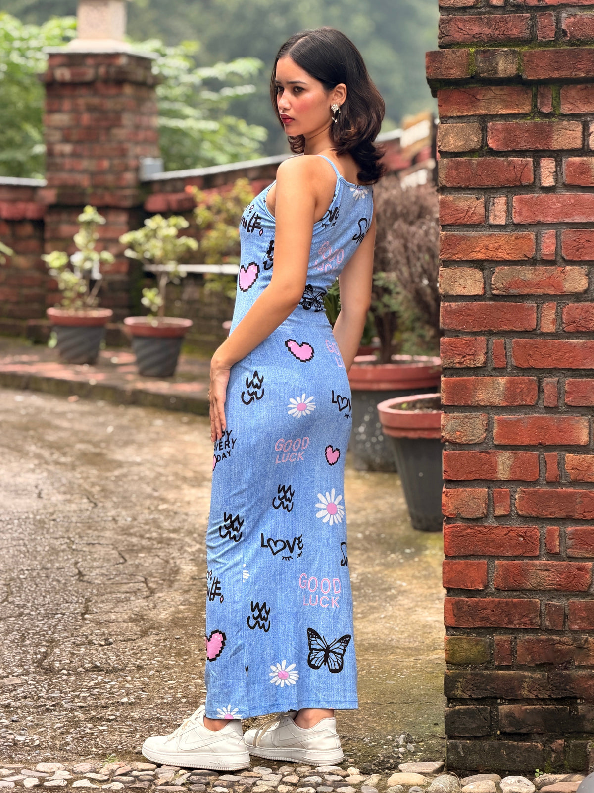 TANDUL Women's Sleeveless Halter Neck Printed Bodycon Maxi Dress