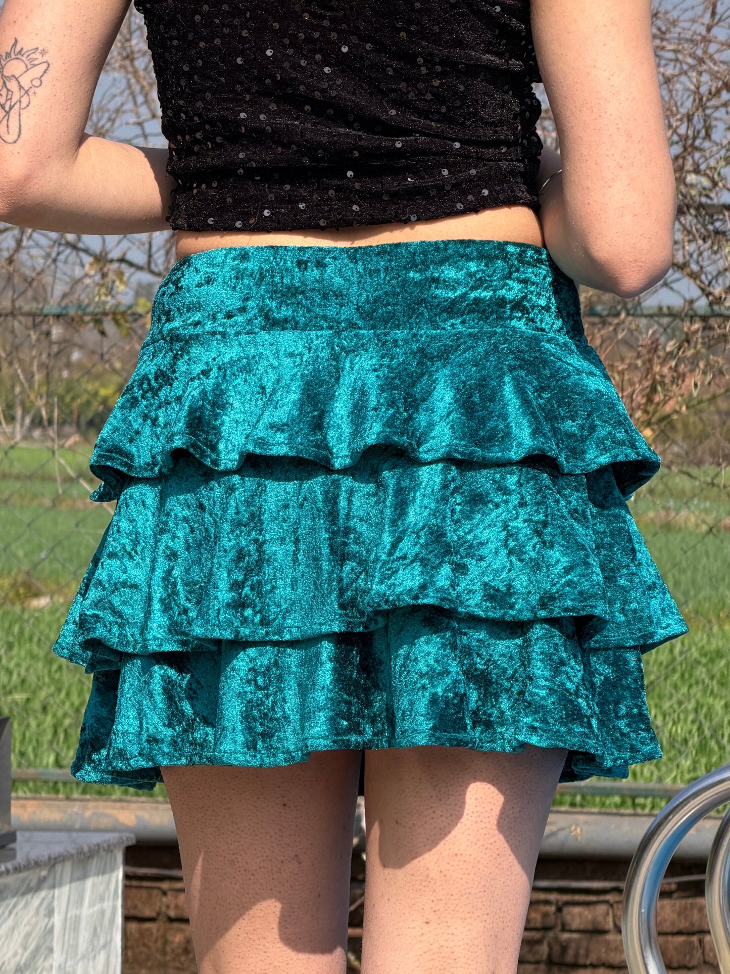 TANDUL Women Exquisite Teal Blue Velvet Skirt