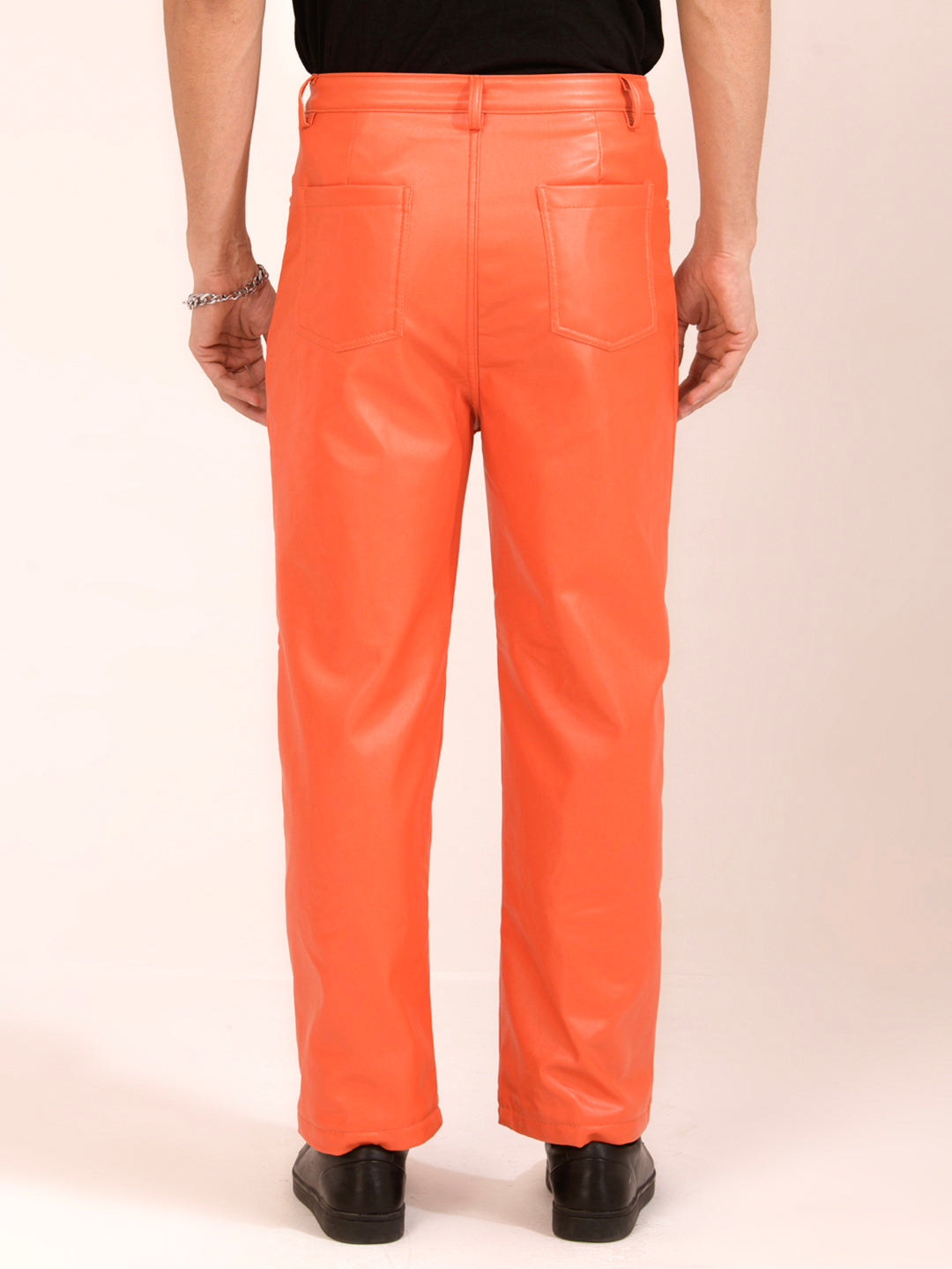 TANDUL  Men Regular Fit Orange Faux Leather Trousers